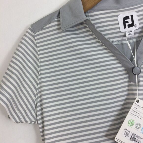 Footjoy Womens Tonal Stripe Lisle Open Collar Polo Golf Shirt Heather Grey M NWT - Picture 3 of 11